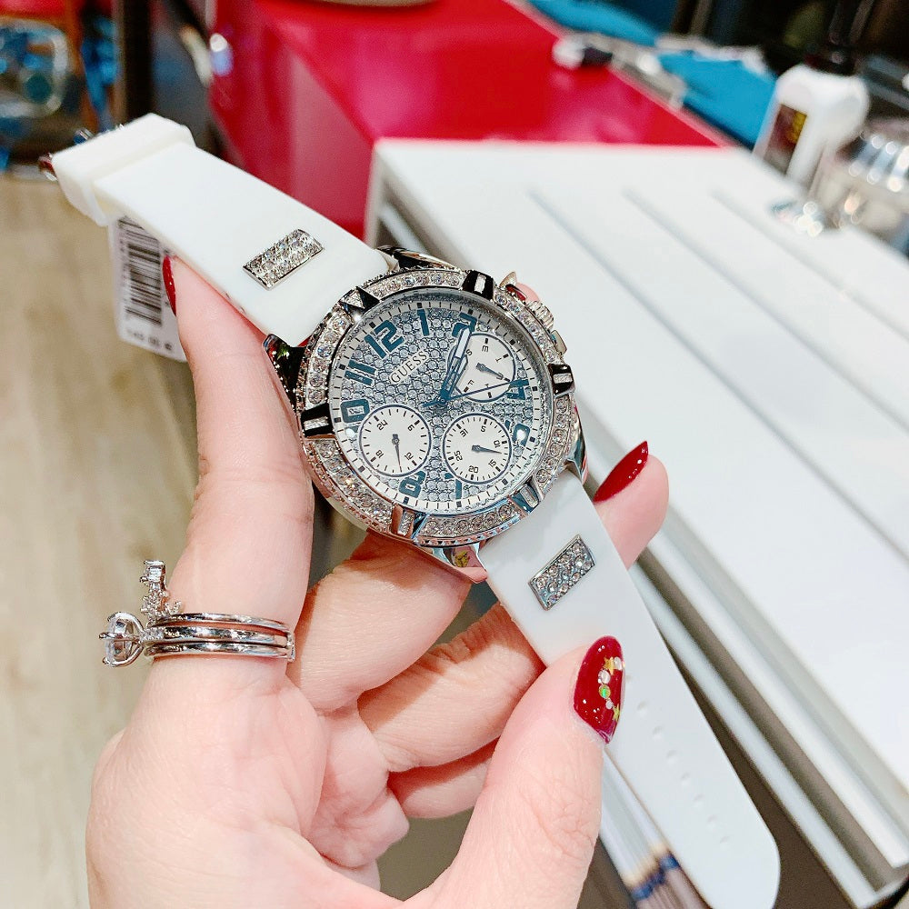 Guess Frontier Diamonds Silver Dial White Rubber Strap Watch For Women - W1160L4 Buy Now By Guess