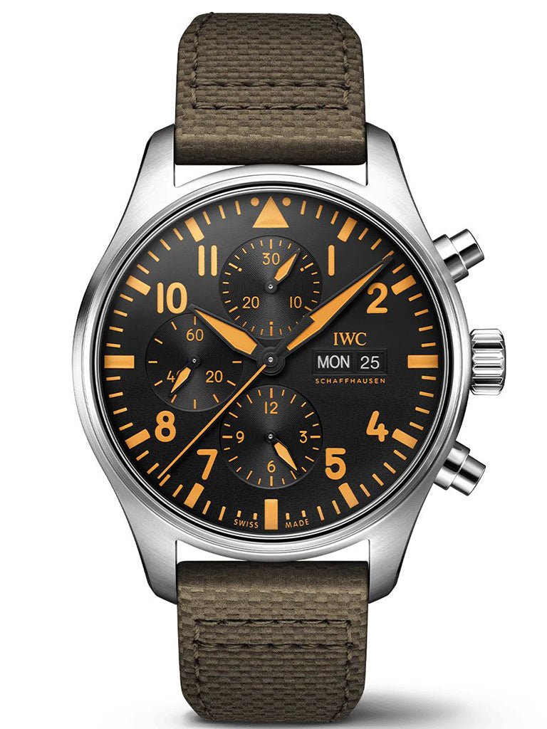 IWC Pilot's Watch Chronograph Black Dial Olive Green Calfskin Strap Watch for Men - IW377730 Buy Now By IWC