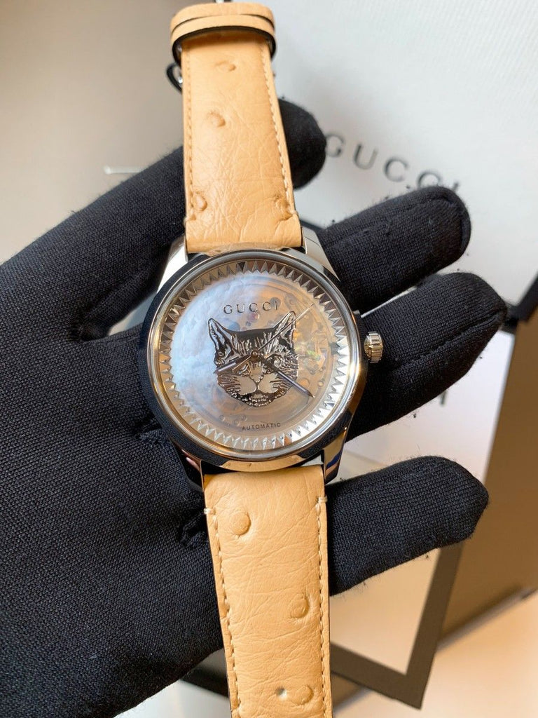 Gucci G Timeless Automatic Mother of Pearl Dial Brown Leather Strap Watch For Women - YA1264112 Buy Now By Gucci