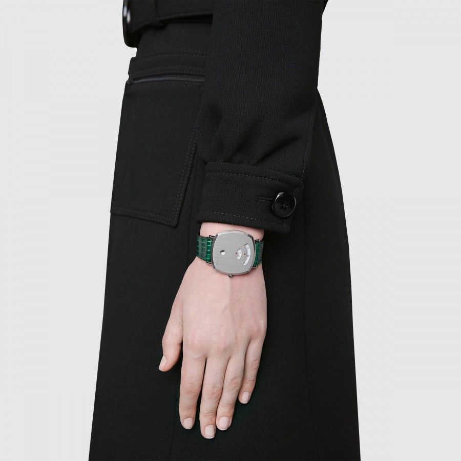 Gucci Grip Quartz Silver Dial Green Leather Strap Watch For Women - YA157414 Buy Now By Gucci