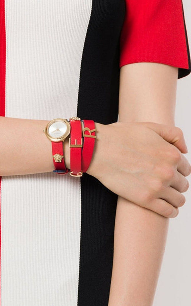 Versace V-Flare Quartz Silver Dial Red Leather Strap Watch for Women - VEBN00418 Buy Now By Versace