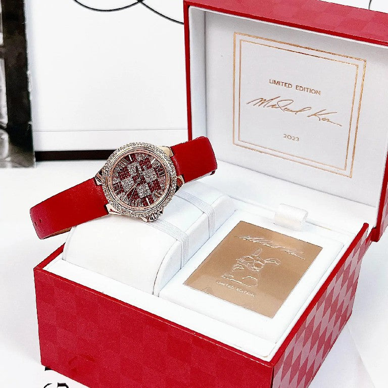 Michael Kors Camille Three Hand Crystals Rose Gold Dial Red Leather Strap Watch For Women - MK4701 Buy Now By Michael Kors