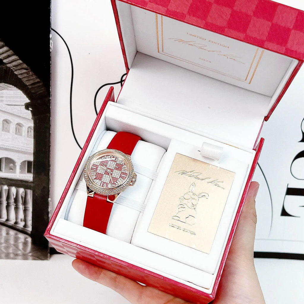 Michael Kors Camille Three Hand Crystals Rose Gold Dial Red Leather Strap Watch For Women - MK4701 Buy Now By Michael Kors