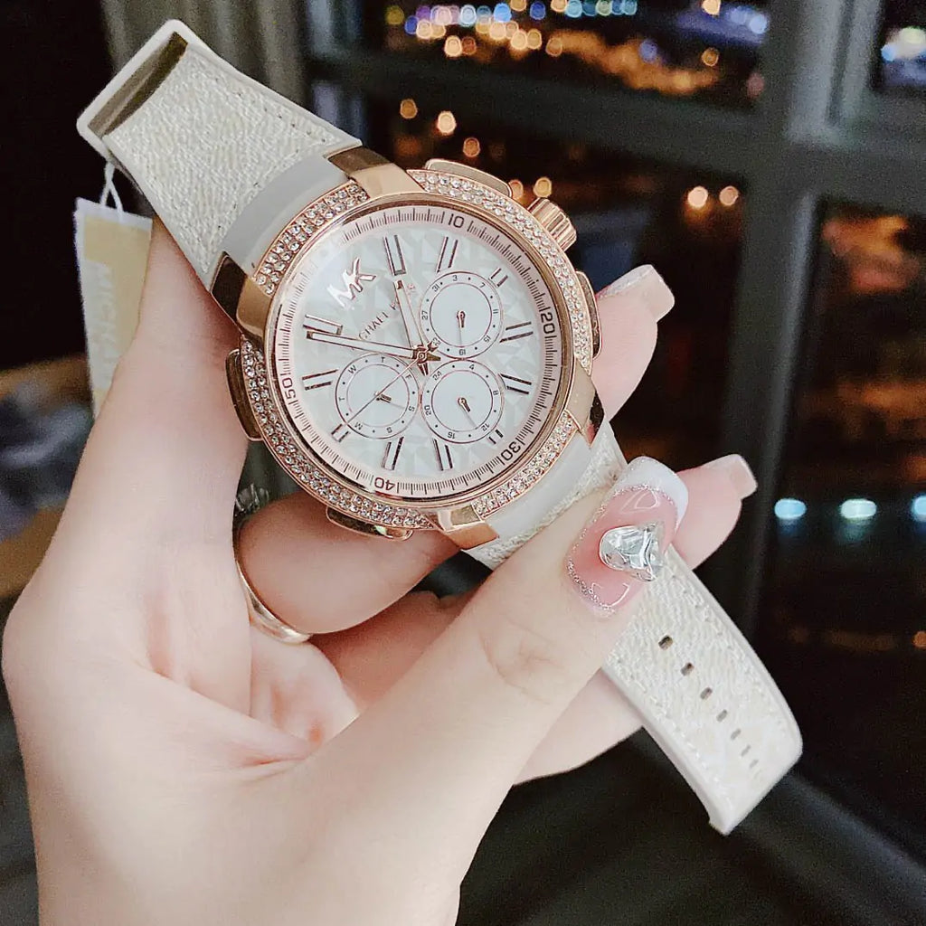 Michael Kors Sidney Chronograph White Dial Beige Leather Strap Watch For Women - MK6949 Buy Now By Michael Kors
