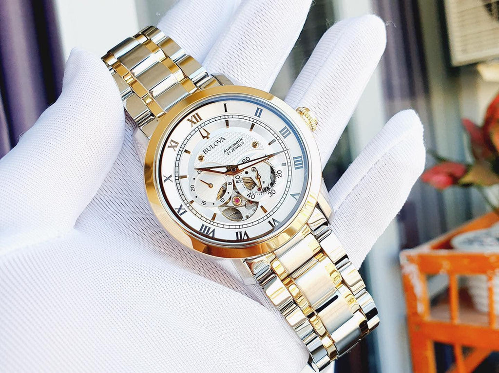 Bulova BVA Skeleton Silver Dial Two Tone Steel Strap Watch for Men - 98A230 Buy Now By Bulova