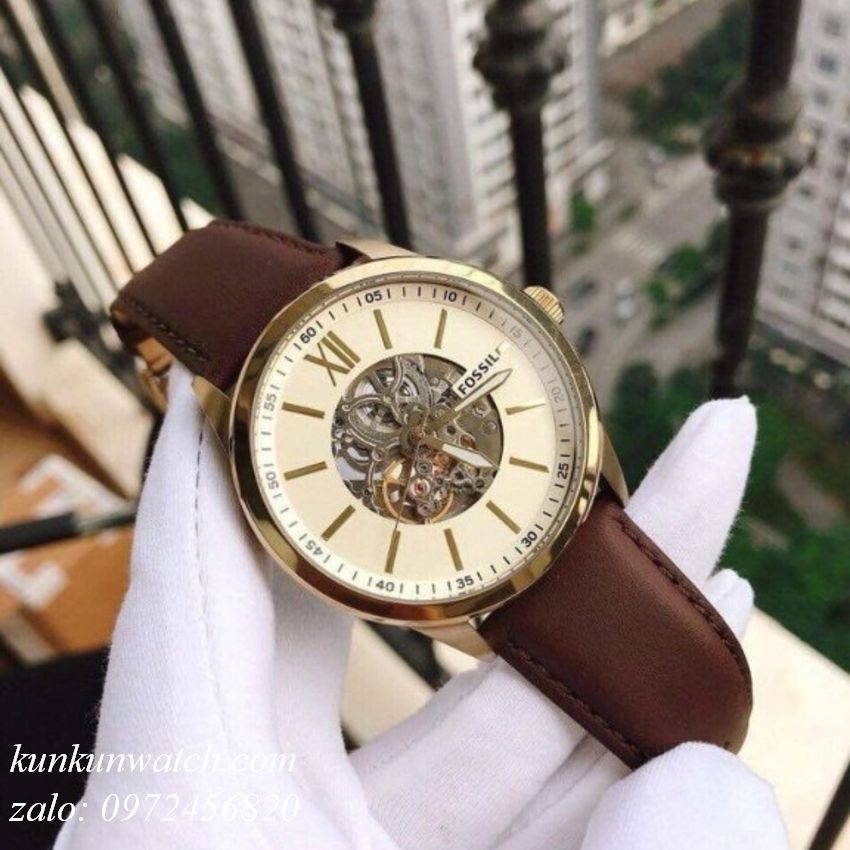 Fossil Flynn Mechanical Skeleton Beige Dial Brown Leather Strap Watch for Men - BQ2215 Buy Now By Fossil