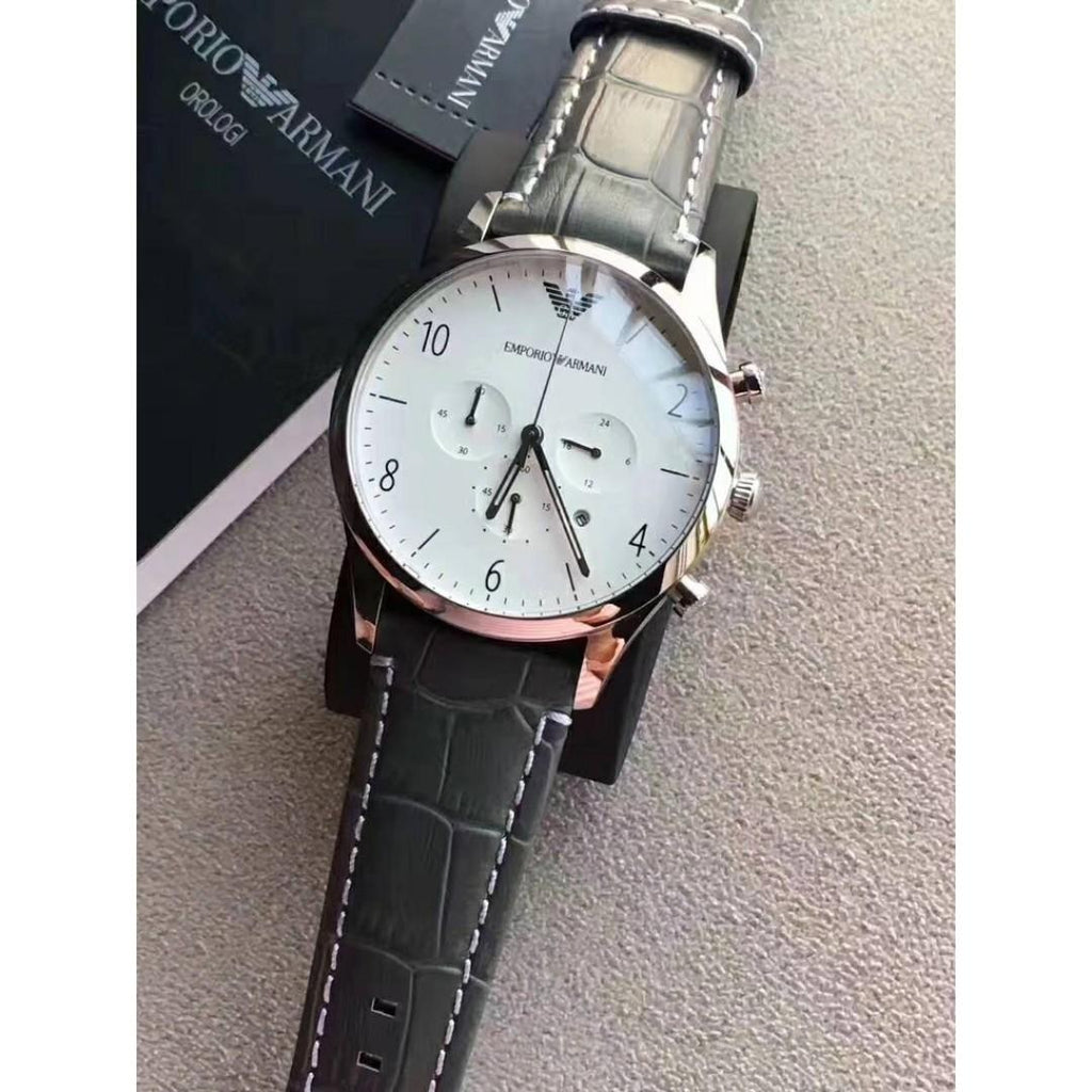 Emporio Armani Classic Chronograph Silver Dial Grey Leather Strap Watch For Men - AR1861 Buy Now By Emporio Armani