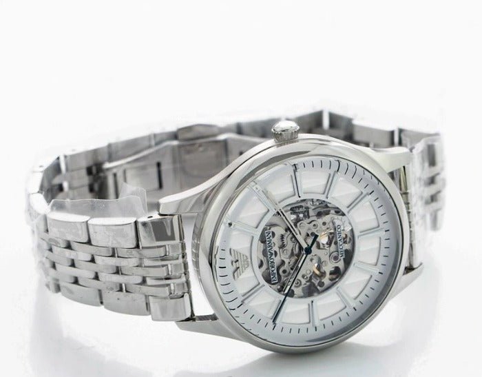 Emporio Armani Meccanico Skeleton Silver Dial Silver Steel Strap Watch For Men - AR1945 Buy Now By Emporio Armani