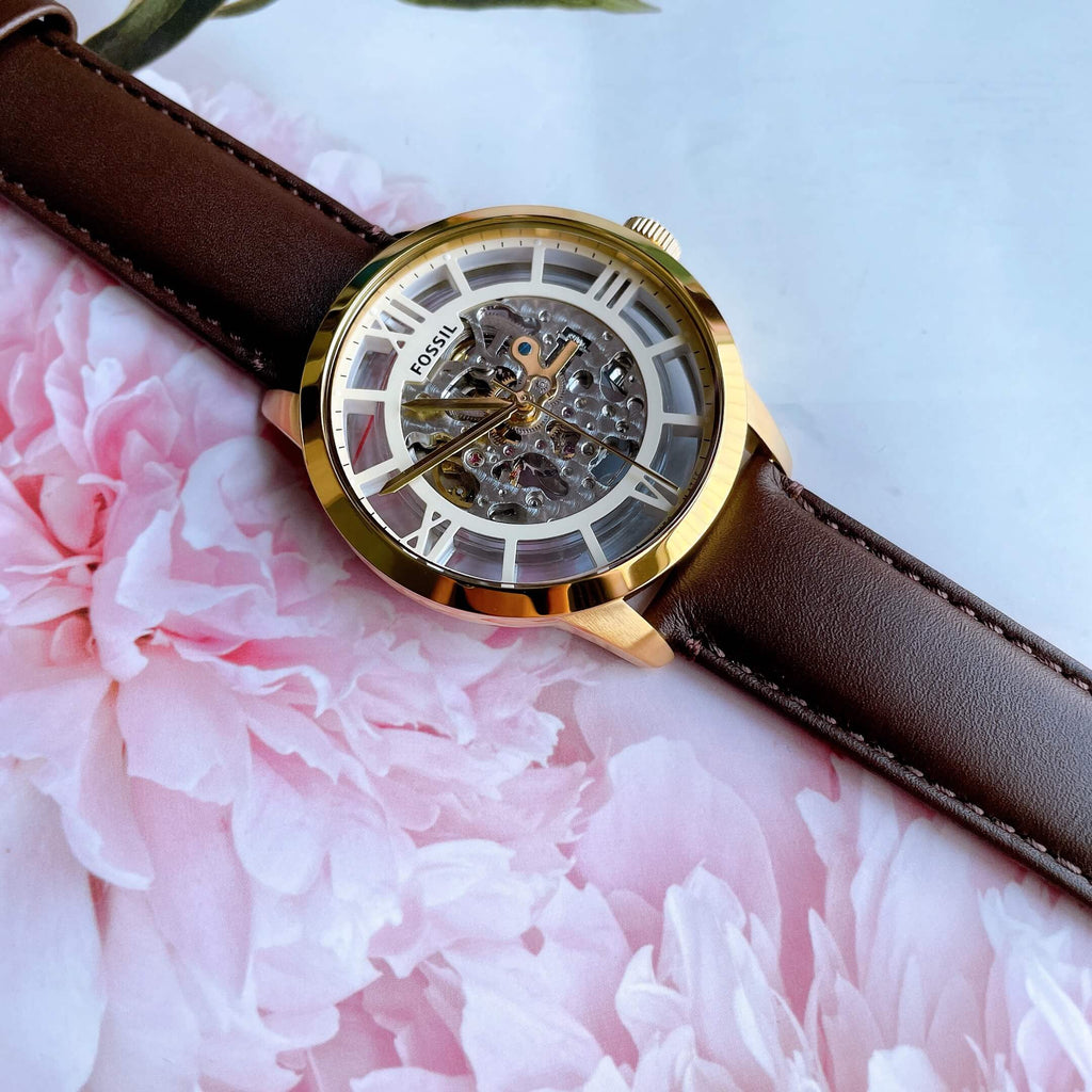 Fossil Townsman Automatic Skeleton Gold Dial Brown Leather Strap Watch for Men - ME3043 Buy Now By Fossil