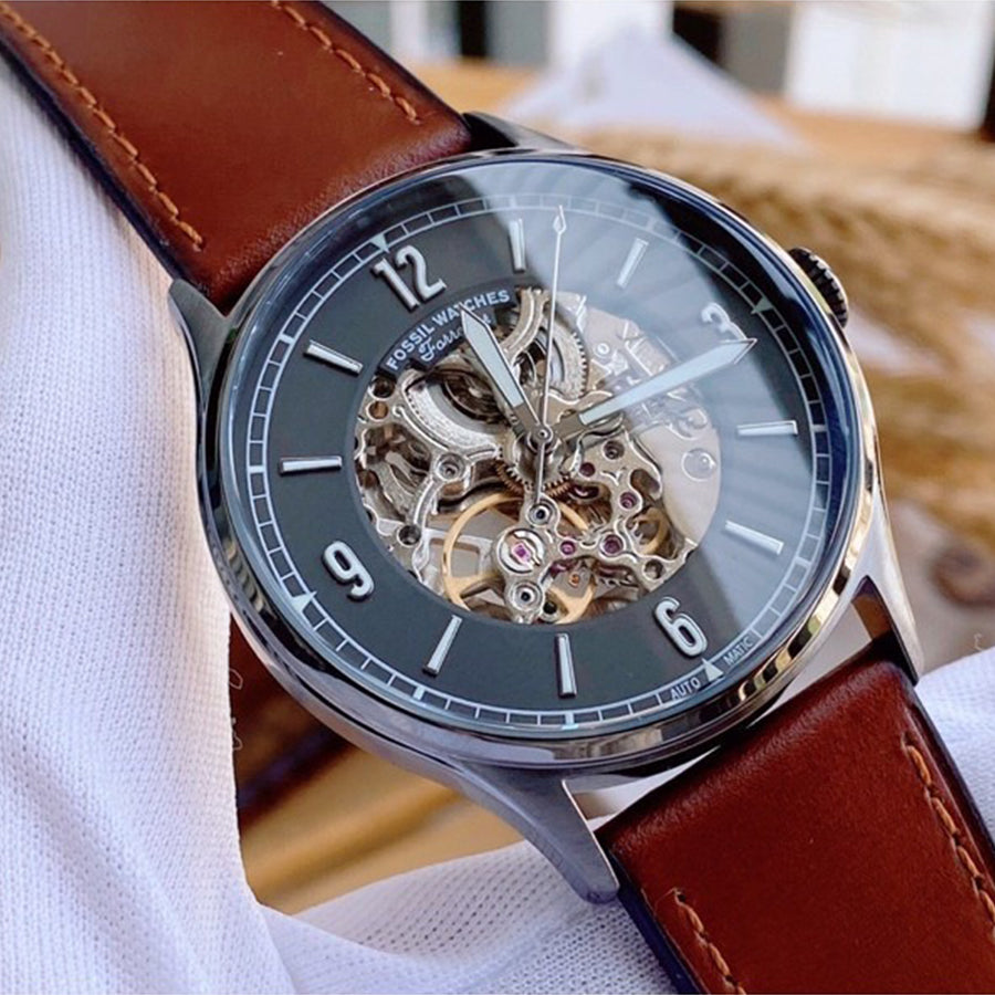 Fossil Forrester Automatic Skeleton Grey Dial Brown Leather Strap Watch for Men - ME3178 Buy Now By Fossil