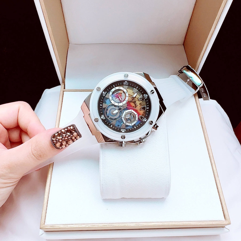 Guess Poseidon Chronograph Rainbow Dial White Silicone Strap Watch For Men - GW0425G4 Buy Now By Guess