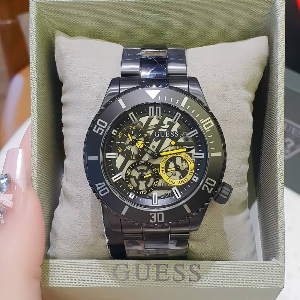 Guess Axel Multifunction Black Dial Black Steel Strap Watch For Men - GW0488G3 Buy Now By Guess