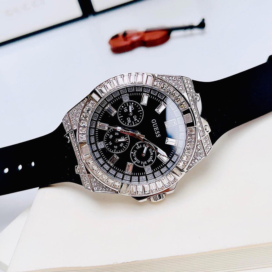 Guess Baguette Crystals Black Dial Black Silicone Strap Watch For Men - GW0208G1 Buy Now By Guess