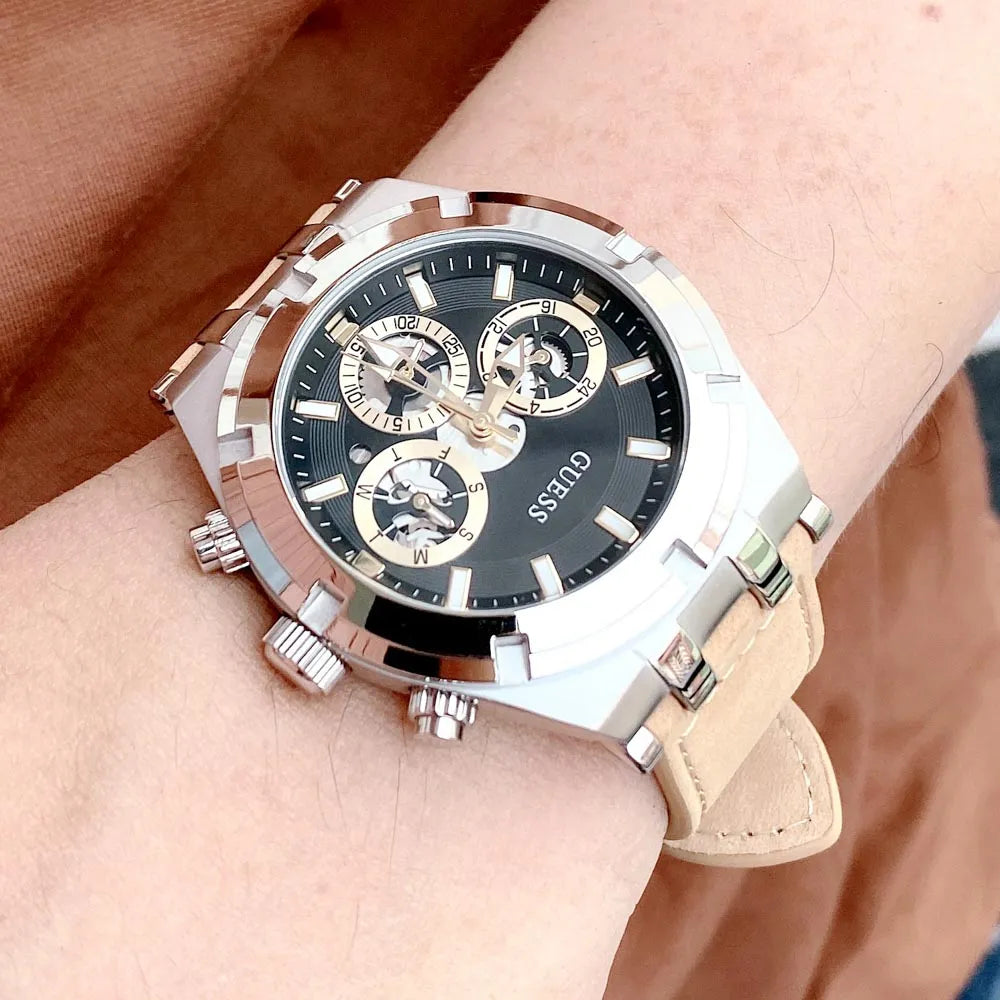 Guess Continental Multifunction Black Dial Brown Leather Strap Watch for Men - GW0262G1 Buy Now By Guess