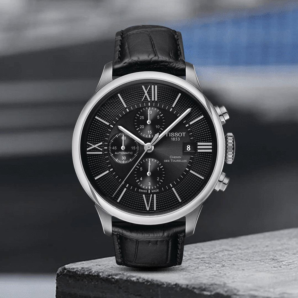 Tissot T Classic Chemin Des Tourelles Chronograph Black Dial Black Leather Strap Watch For Men - T099.427.16.058.00 Buy Now By Tissot