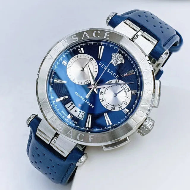 Versace Aion Chronograph Blue Dial Blue Leather Strap Watch for Men - VE1D01220 Buy Now By Versace