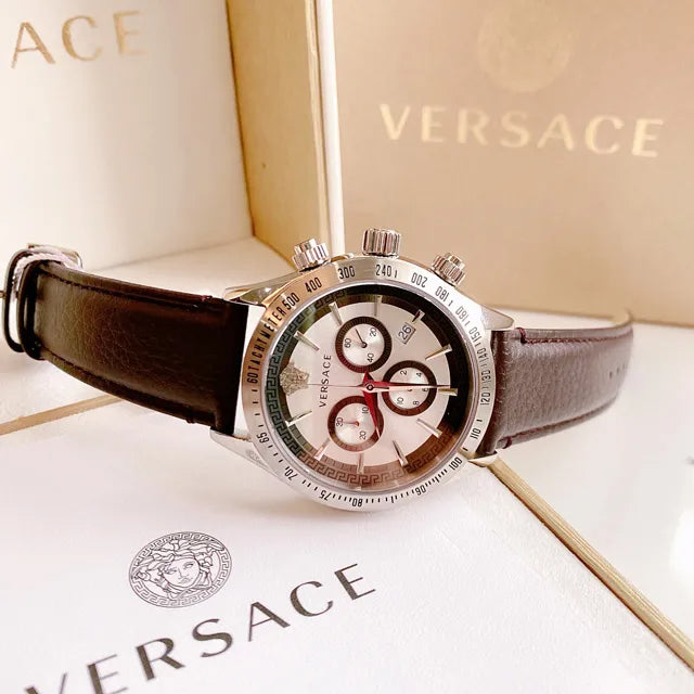 Versace Classic Chronograph Quartz Silver Dial Brown Leather Strap Watch For Men - VEV700119 Buy Now By Versace
