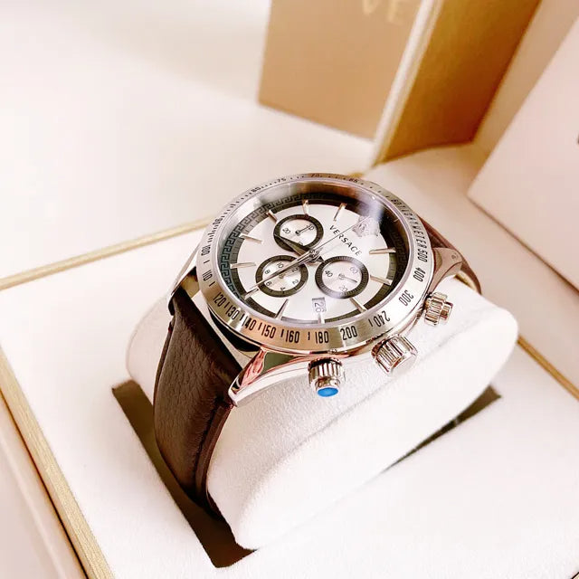 Versace Classic Chronograph Quartz Silver Dial Brown Leather Strap Watch For Men - VEV700119 Buy Now By Versace