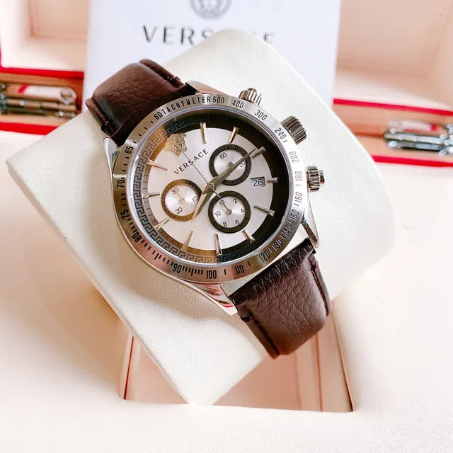 Versace Classic Chronograph Quartz Silver Dial Brown Leather Strap Watch For Men - VEV700119 Buy Now By Versace