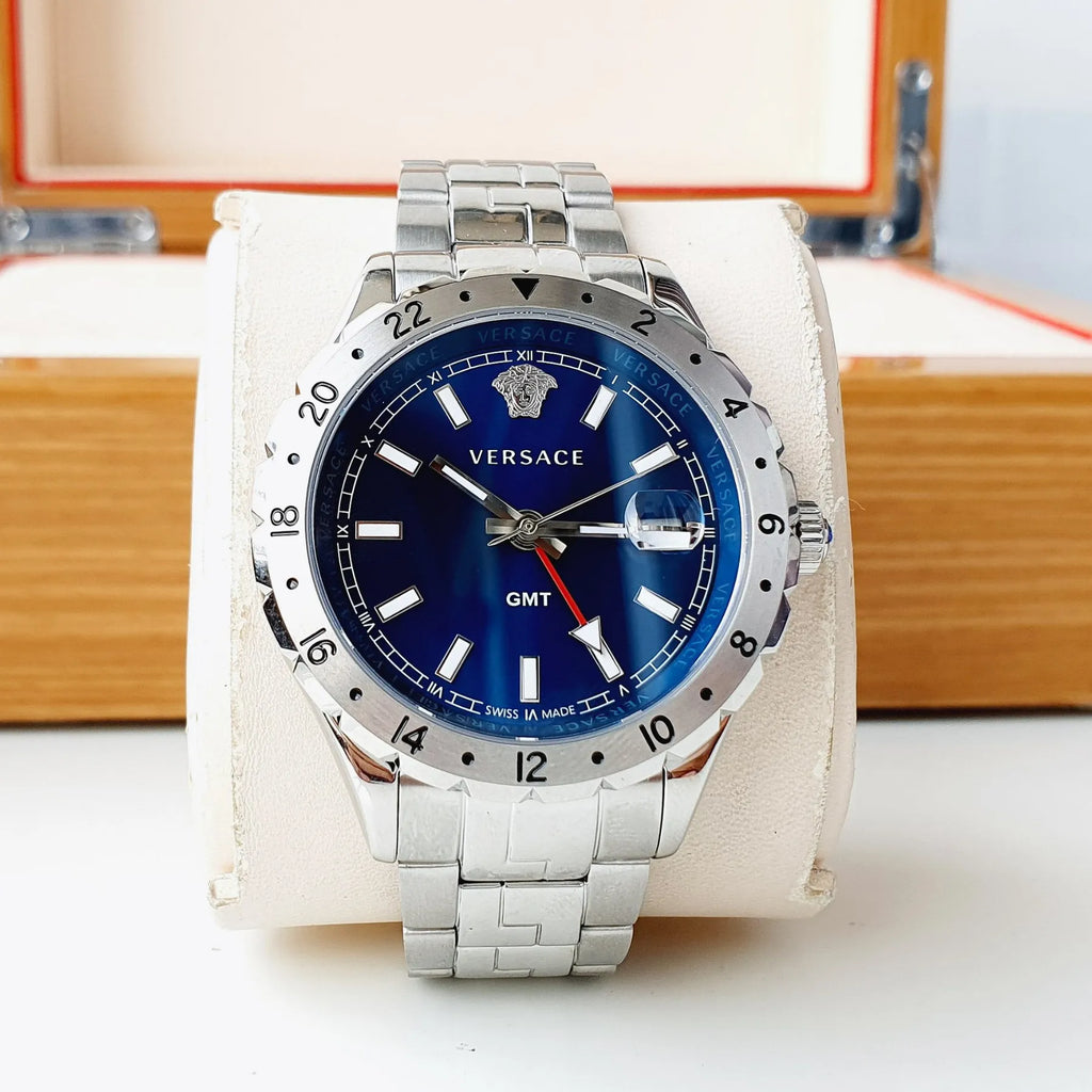 Versace Hellenyium GMT Blue Dial Silver Steel Strap Watch for Men - V11010015 Buy Now By Versace