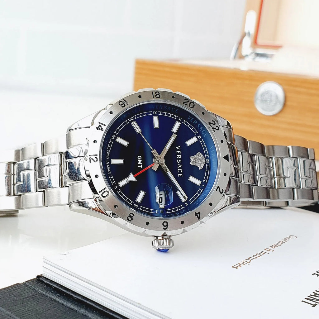 Versace Hellenyium GMT Blue Dial Silver Steel Strap Watch for Men - V11010015 Buy Now By Versace