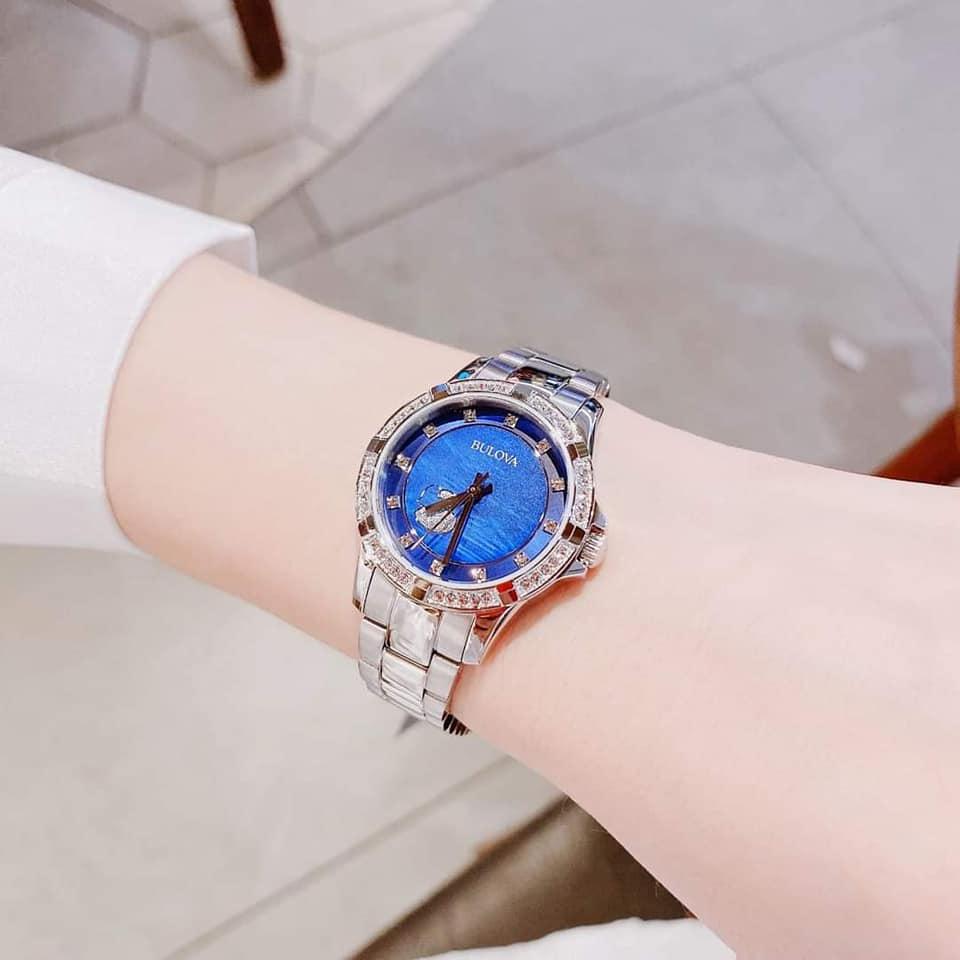 Bulova Crystal Collection Blue Mother of Pearl Dial Silver Steel Strap Watch for Women - 96L238 Buy Now By Bulova