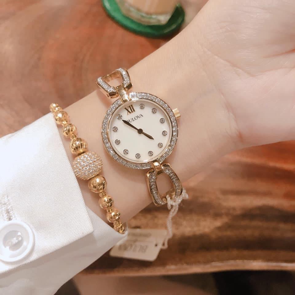 Bulova Crystal Collection Mother of Pearl Dial Gold Steel Strap Watch for Women - 98L225 Buy Now By Bulova