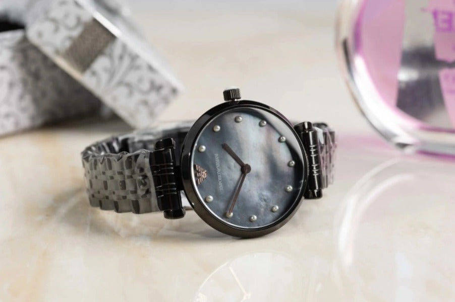 Emporio Armani Gianni T-Bar Quartz Black Mother of Pearl Dial Black Steel Strap Watch For Women - AR11268 Buy Now By Emporio Armani