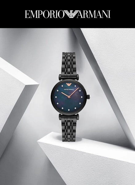 Emporio Armani Gianni T-Bar Quartz Black Mother of Pearl Dial Black Steel Strap Watch For Women - AR11268 Buy Now By Emporio Armani