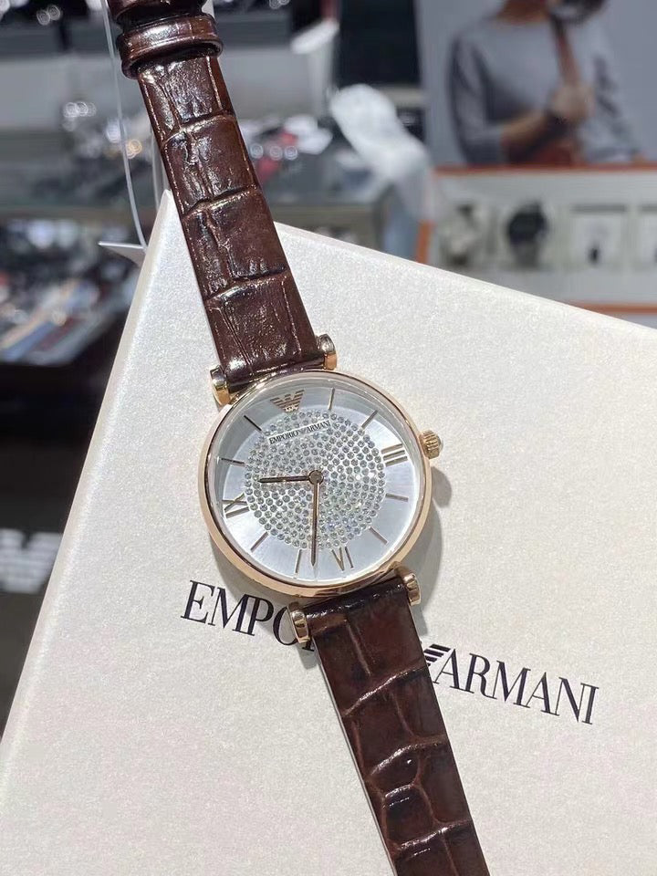Emporio Armani Gianni T-Bar Silver Dial Brown Leather Strap Watch For Women - AR11269 Buy Now By Emporio Armani