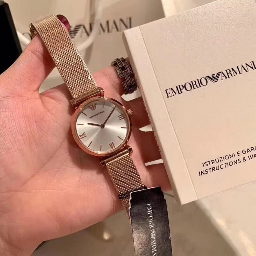 Emporio Armani Gianni T Bar Silver Dial Rose Gold Mesh Bracelet Watch For Women - AR1956 Buy Now By Emporio Armani