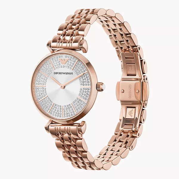 Emporio Armani Gianni T-Bar Crystals Silver Dial Rose Gold Steel Strap Watch For Women - AR11446 Buy Now By Emporio Armani