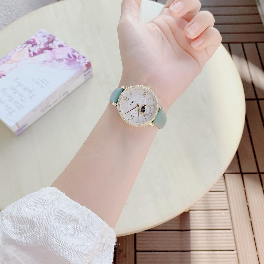 Fossil Jacqueline Analog Moonphase Mother of Pearl White Dial Green Leather Strap Watch for Women - ES5168 Buy Now By Fossil