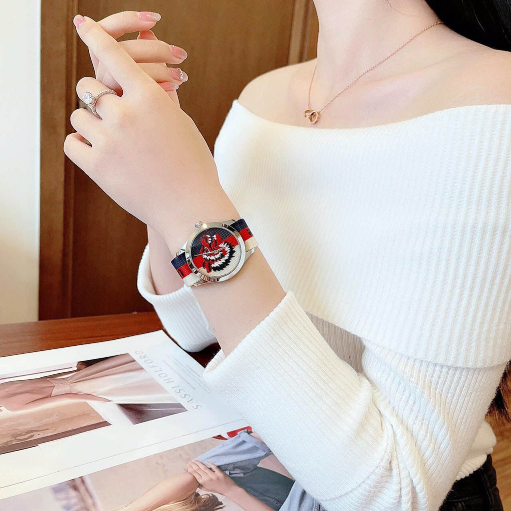 Gucci G Timeless Quartz White Red Blue Dial Multicolored NATO Strap Watch For Men - YA1264059 Buy Now By Gucci