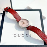Gucci G Timeless Quartz Diamonds Pink Dial Red Leather Strap Watch For Women - YA1265017 Buy Now By Gucci