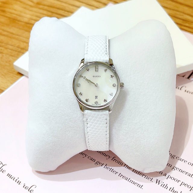 Gucci G-Timeless Mother of Pearl White Dial White Leather Strap Watch For Women - YA126597 Buy Now By Gucci