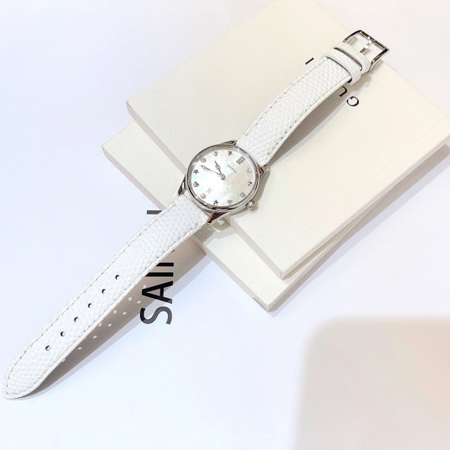 Gucci G-Timeless Mother of Pearl White Dial White Leather Strap Watch For Women - YA126597 Buy Now By Gucci