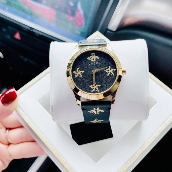 Gucci G Timeless Bee Motif Black Dial Black Leather Strap Watch For Women - YA1264055 Buy Now By Gucci