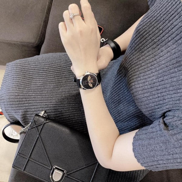 Gucci G Timeless Bee Black Dial Black Leather Strap Watch For Women - YA1264067 Buy Now By Gucci