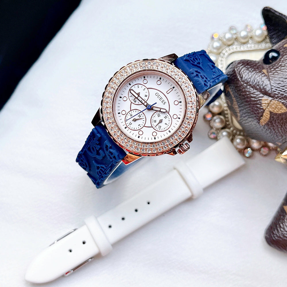 Guess Crown Jewel Diamonds White Dial Blue Rubber Strap Watch for Women - GW0411L2 Buy Now By Guess