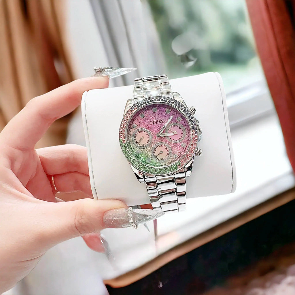 Guess Sol Chronograph Crystals Multicolor Dial Silver Steel Strap Watch For Women - GW0483L1 Buy Now By Guess