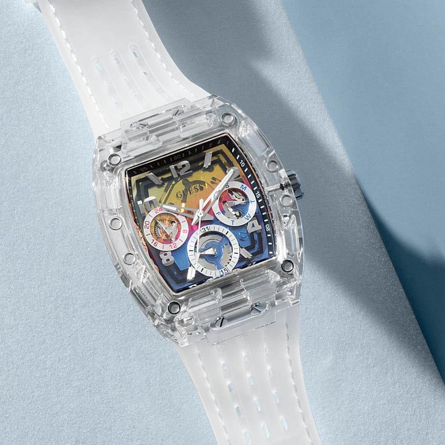 Guess Phoenix Polycarbonate Clear Multi-function Black Dial Clear Rubber Strap Watch for Men - GW0499G3 Buy Now By Guess