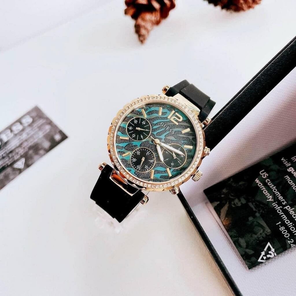 Guess Solstice Green Dial Black Rubber Strap Watch for Women - GW0113L1 Buy Now By Guess