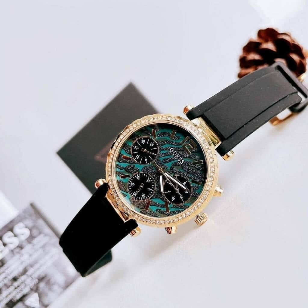 Guess Solstice Green Dial Black Rubber Strap Watch for Women - GW0113L1 Buy Now By Guess