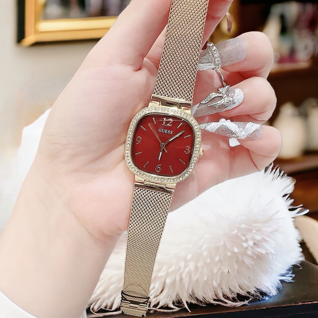 Guess Quartz Red Dial Gold Mesh Strap Watch For Women - GW0354L4 Buy Now By Guess