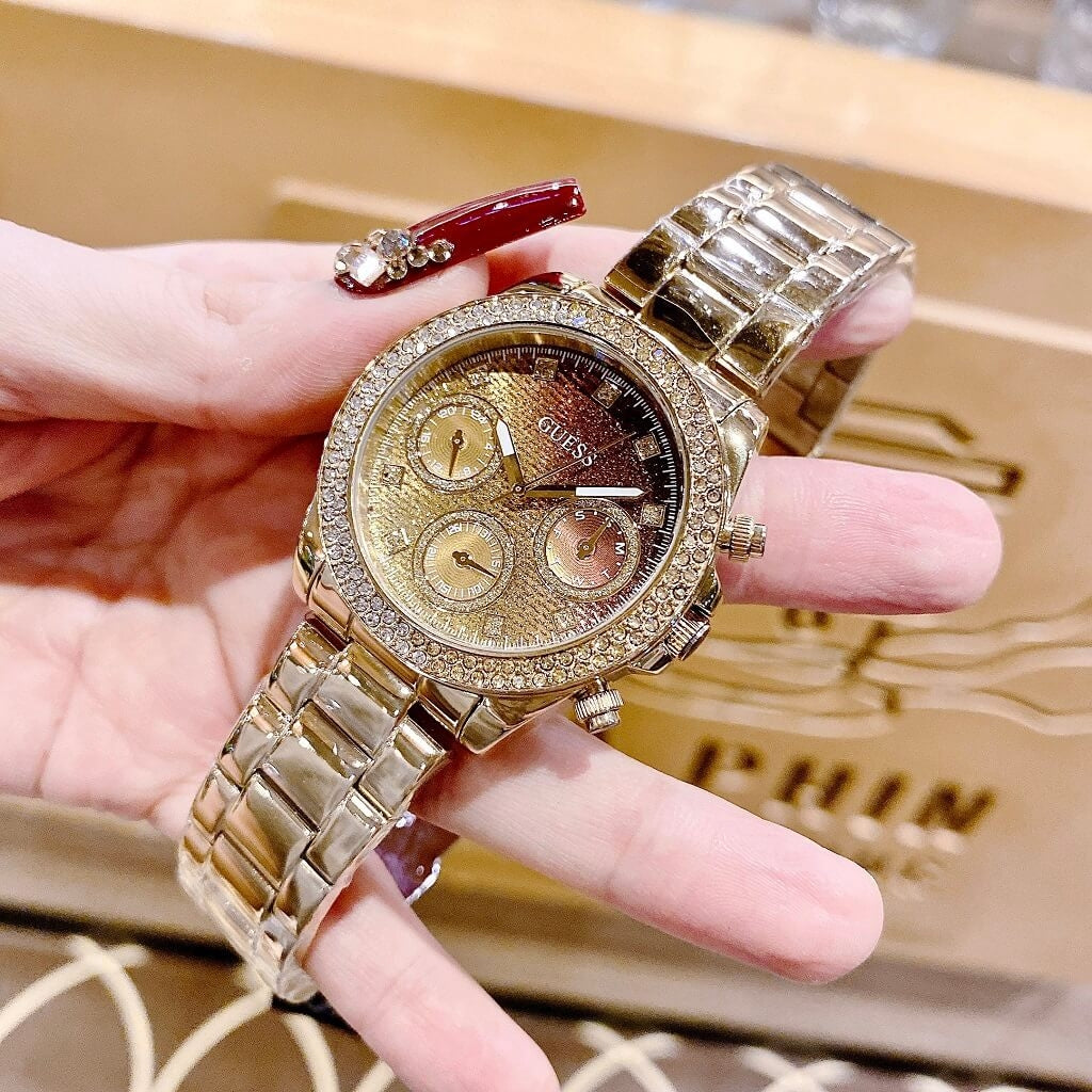 Guess Sol Chronograph Gold Dial Gold Steel Strap Watch For Women - GW0483L2 Buy Now By Guess