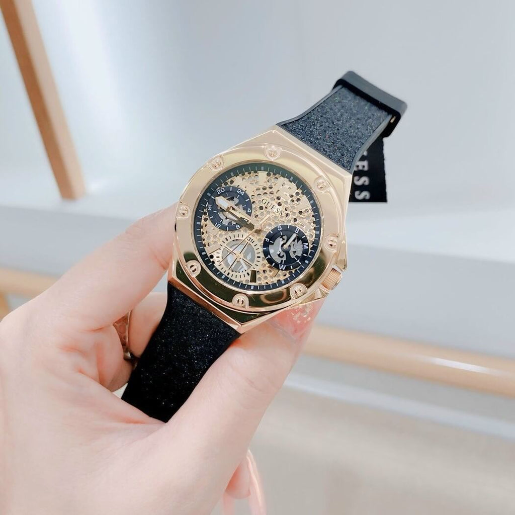 Guess Asteria Multifunction Gold Dial Black Rubber Strap Watch For Women - GW0620L2 Buy Now By Guess