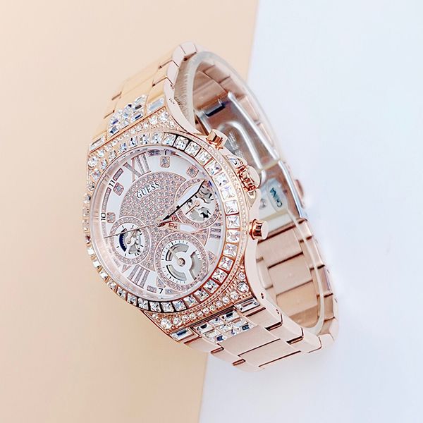 Guess Moonlight Multi Function Diamonds White Dial Rose Gold Steel Strap Watch for Women - GW0320L3 Buy Now By Guess