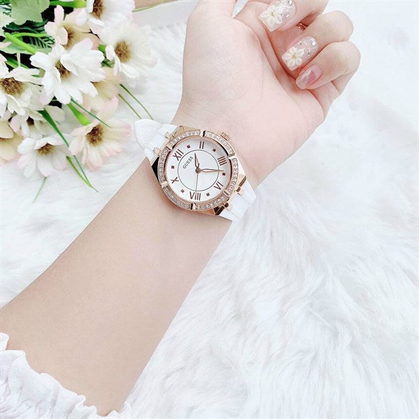 Guess Cosmo Diamonds Silver Dial White Rubber Strap Watch for Women - GW0034L2 Buy Now By Guess