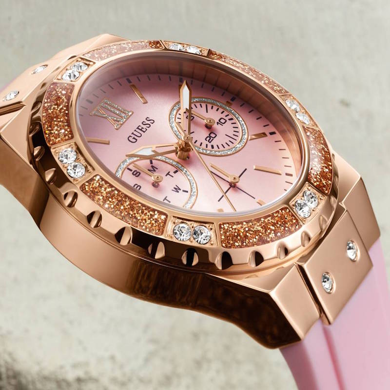 Guess Rose Gold Dial with Diamonds Pink Rubber Strap Watch For Women - W1053L3 Buy Now By Guess